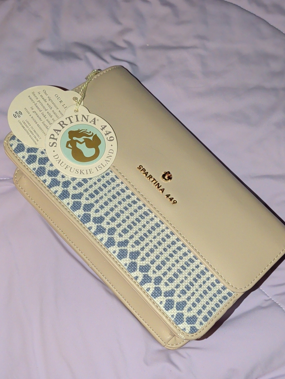 Spartina 449 Songbird Carly Beige and Light Blue Woven Flap Crossbody